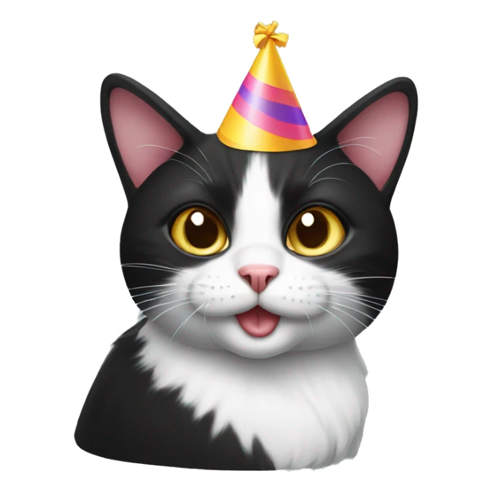 black and white cat with a birthday hat sticker