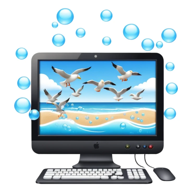 desktop computer on beach with bubbles and seagulls in the sky sticker