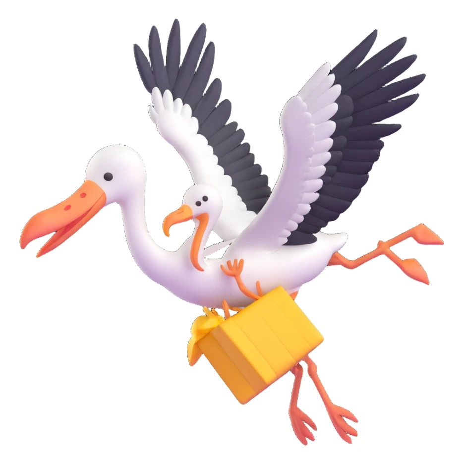 stork flying with a human baby in a bundle, stork looking proud sticker