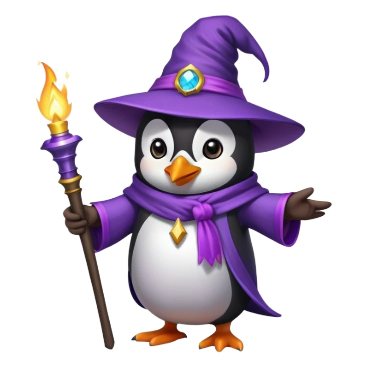 Wizard pinguin with purple magican hat, holding torch sticker