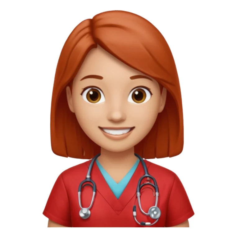 Medical assistant wearing redish scrubs with sethscope  sticker