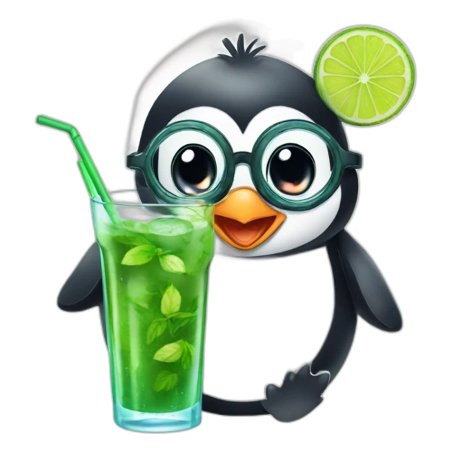 baby penguin with big glasses drinking mojito sticker