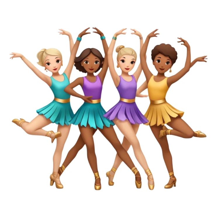 Icon for Contemporary Dance: a synchronized group dance performance with dancers in modern outfits, performing on stage with bright spotlighting and energetic movement. The icon should capture the dynamic and vibrant nature of contemporary dance. Transparent background. sticker