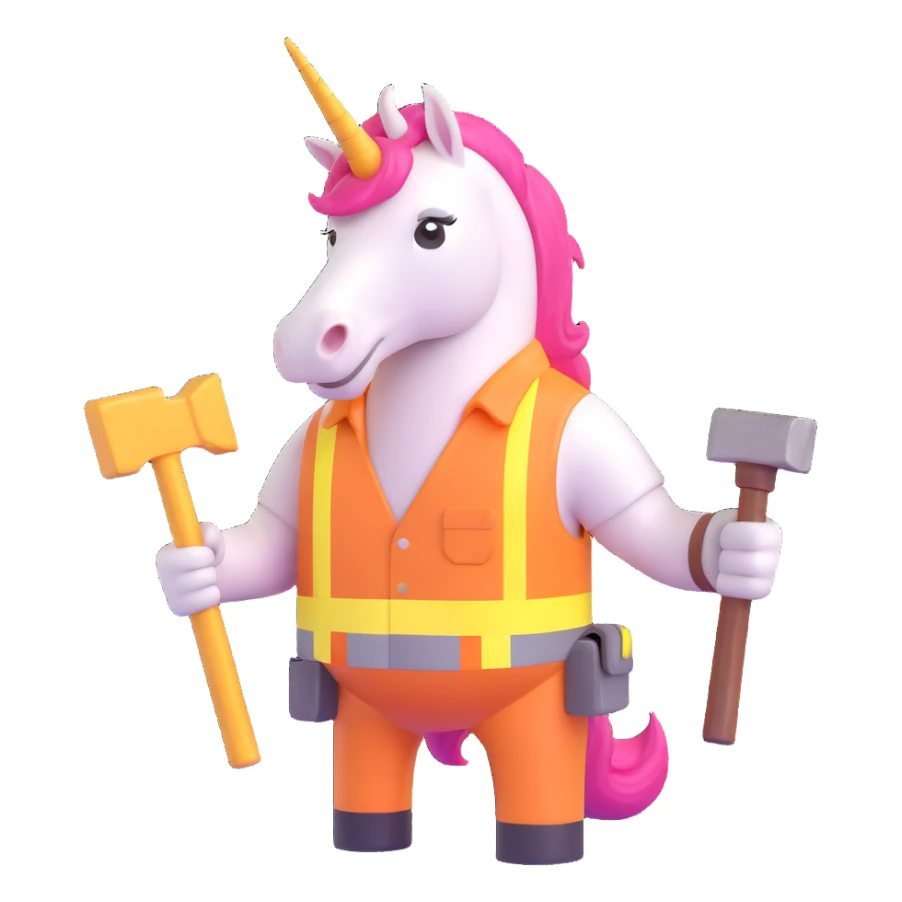 unicorn builder, construction worker unicorn wearing a hard hat and holding a hammer sticker
