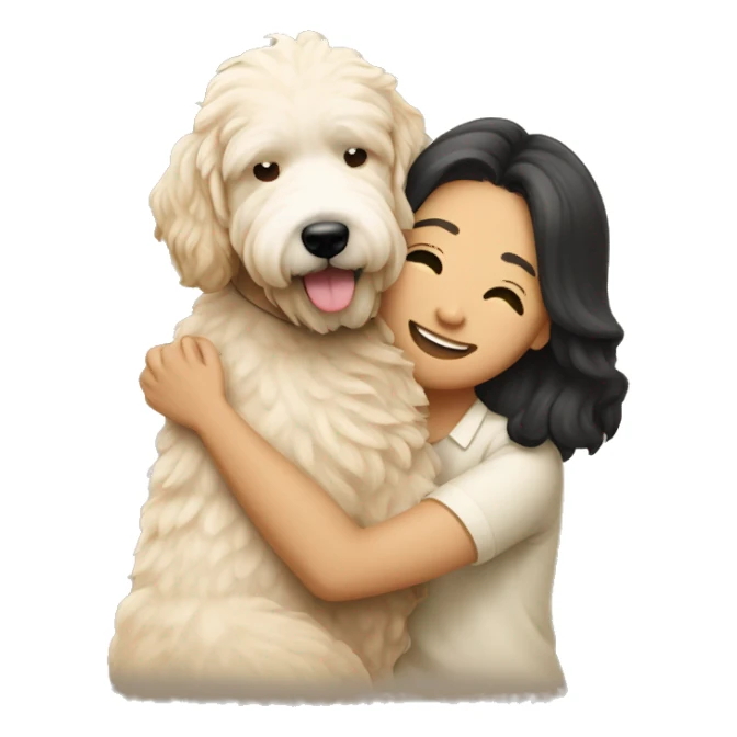 asian couple hugging with a cream goldendoodle sticker