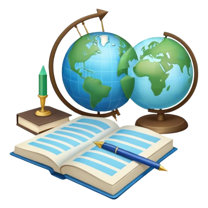 Create an emoji representing language translation. The design should feature a globe in the background, symbolizing international communication. In front of the globe, place two books or sheets of paper with texs on them and a pen nearby to indicate the act of writing. Add two arrows pointing in opposite directions between the sheets to represent the translation process. Use a clean and professional color palette with blues, greens, and neutral tones. Make the background transparent. sticker