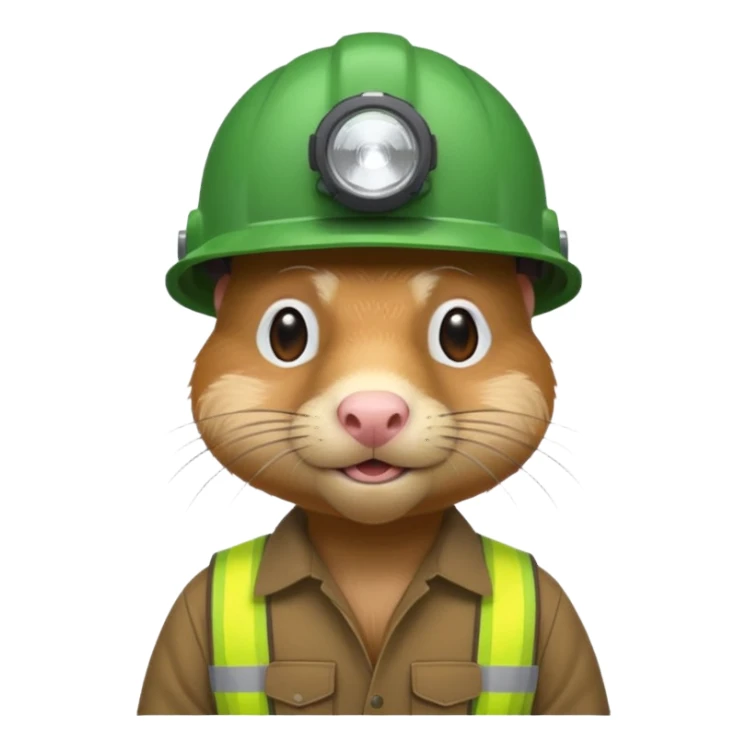 a mole rat, green helmet, headlamp, worker cloth sticker
