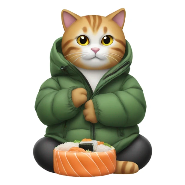 cat in a big puffy jacket eating sushi sticker