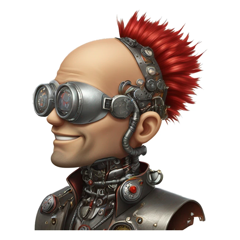 Bald cyborg head with red Mohawk, red beard. silver steampunk monocle goggles a smile and circuits sticker