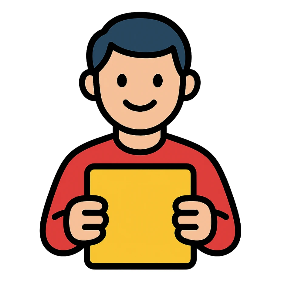 a happy man holding a golden tablet, stylized sticker