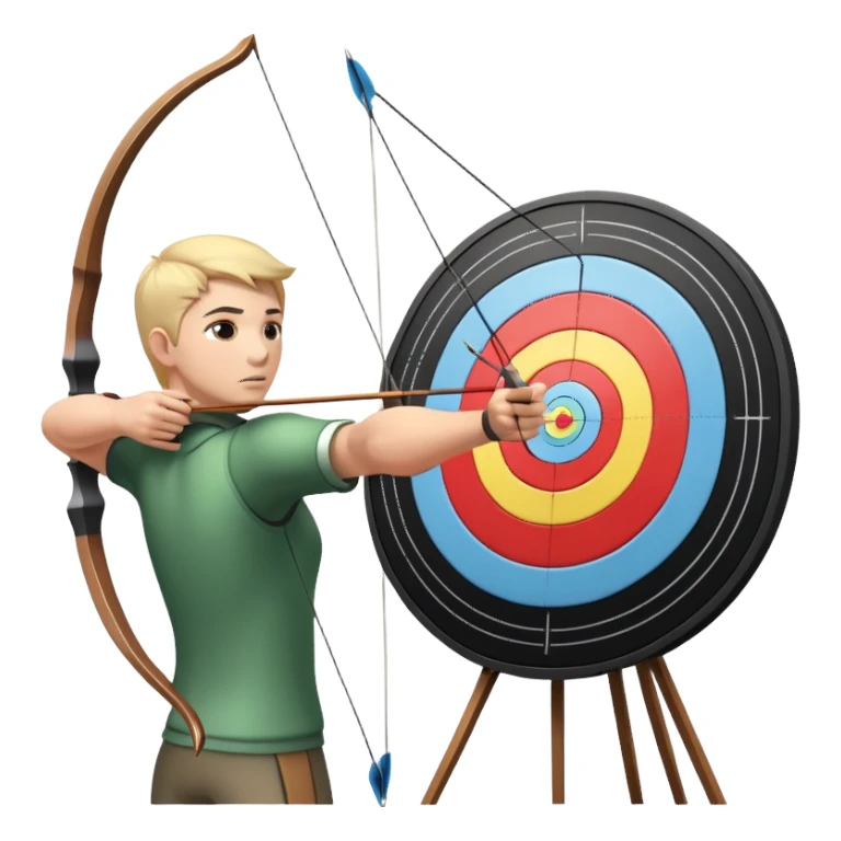 An archer pulling back a bowstring, aiming at a target in the distance. The target features concentric rings, and the scene conveys focus and precision. The background captures the essence of an outdoor archery range, highlighting skill and concentration in the sport. sticker