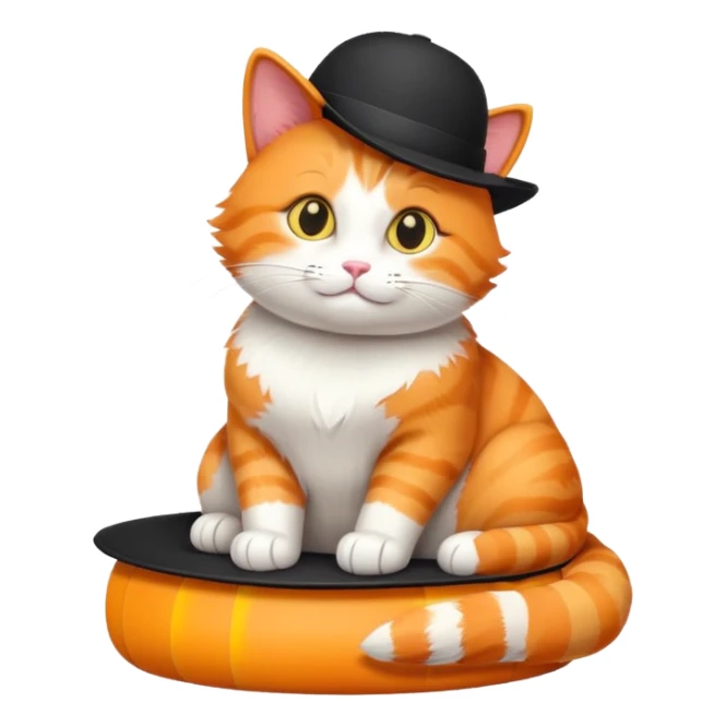 Orange cat sitting in black hat-cilinder with yellow stripe sticker