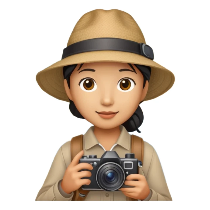 Asian tourist with camera and map, wearing hat sticker