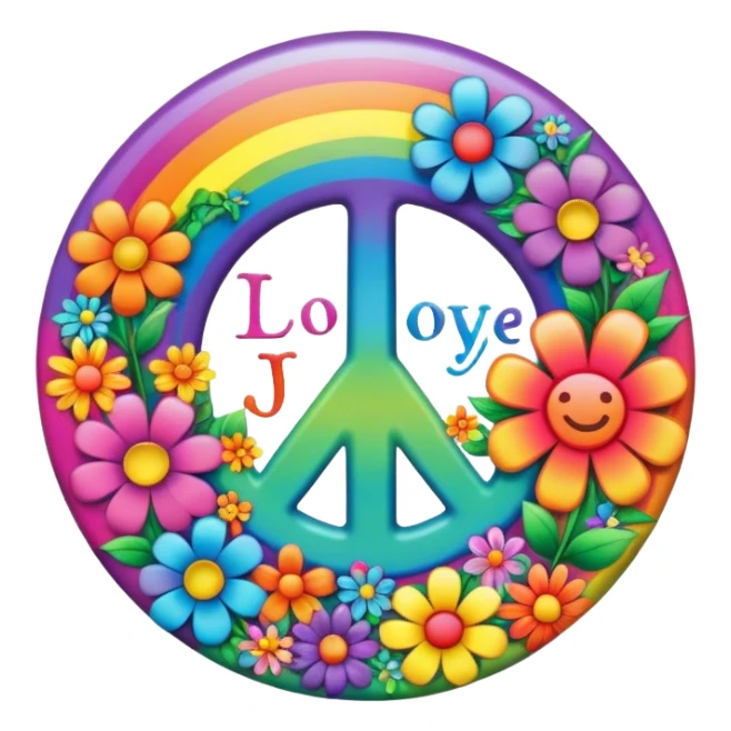 A round psychedelic colored button that says love, peace, and joy, with rainbow colored hippie style flowers sticker