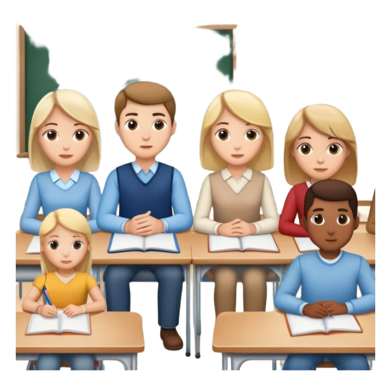 five caucasian people sitting together in classroom learning sticker