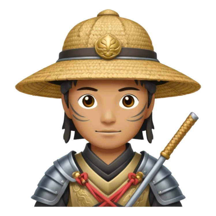Samurai with straw hat, Warrior in armor holding wide hat sticker