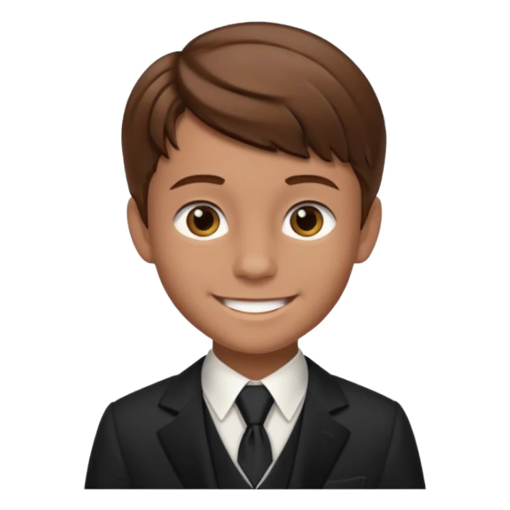 smiling boy in formal attire with brown here  sticker
