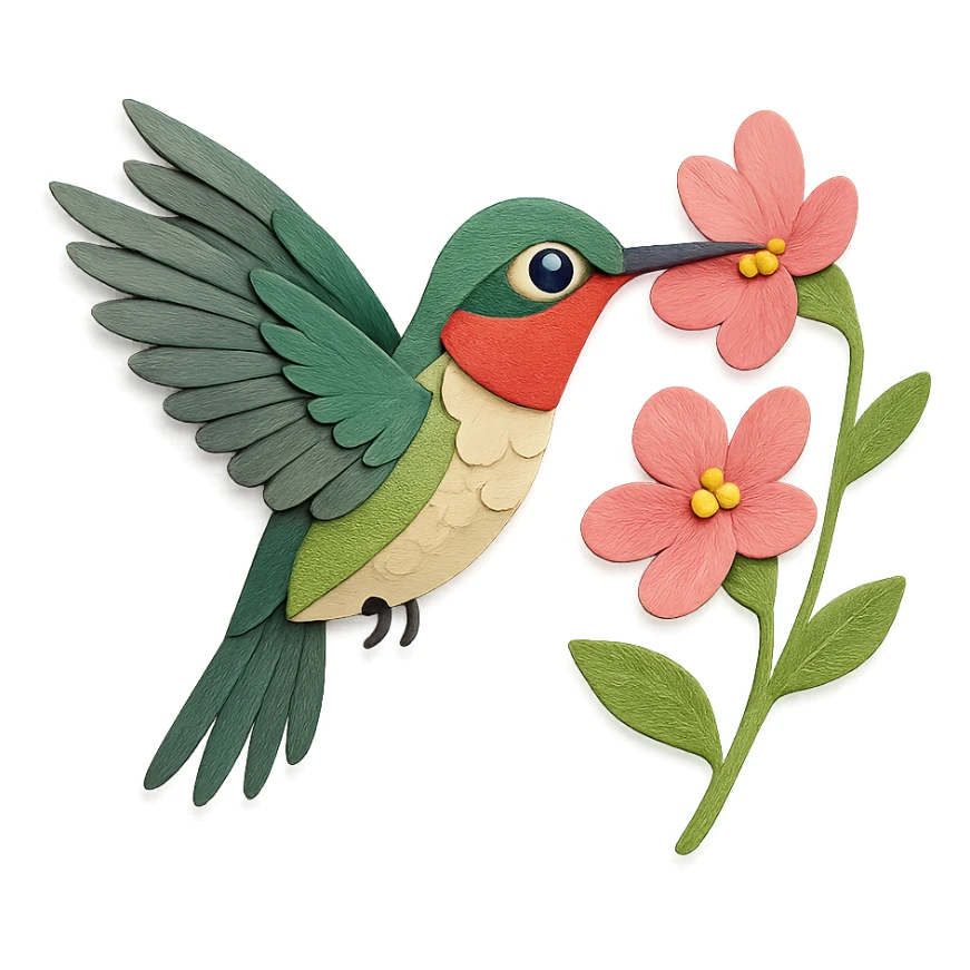 ruby-throated hummingbird, intricate paper feathers, hovering at pink flowers, expressive eye sticker