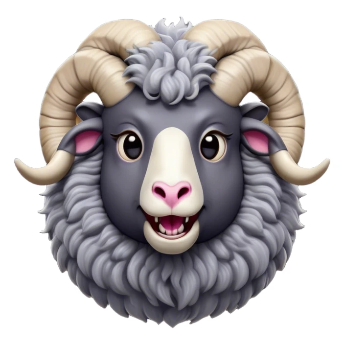 Cinematic Comical Ram Portrait Emoji, Head tilted dramatically with an exaggeratedly amused expression, featuring a striking woolly grey fur with impressively curled horns, wide, expressive dark eyes filled with playful disbelief, Simplified yet hilariously expressive features, highly detailed, glowing with a slightly sassy glow, high shine, dramatic yet playful, stylized with an air of cheeky mischief, bright and endearing, soft glowing outline, capturing the essence of a spirited and over-the-top ram, so meme-worthy it feels like it could butt its way into internet fame instantly! sticker