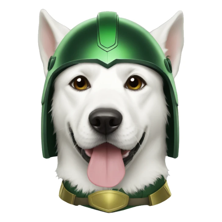 loki as a white dog with helmet sticker