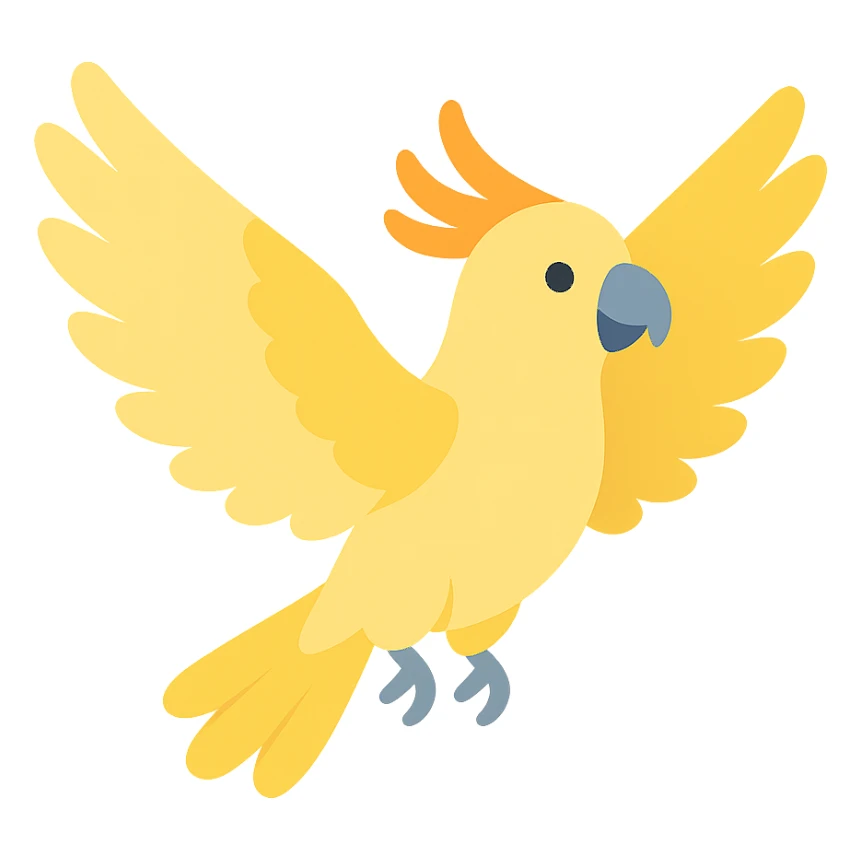 cockatoo with wings spread, dynamic pose, color icon style sticker