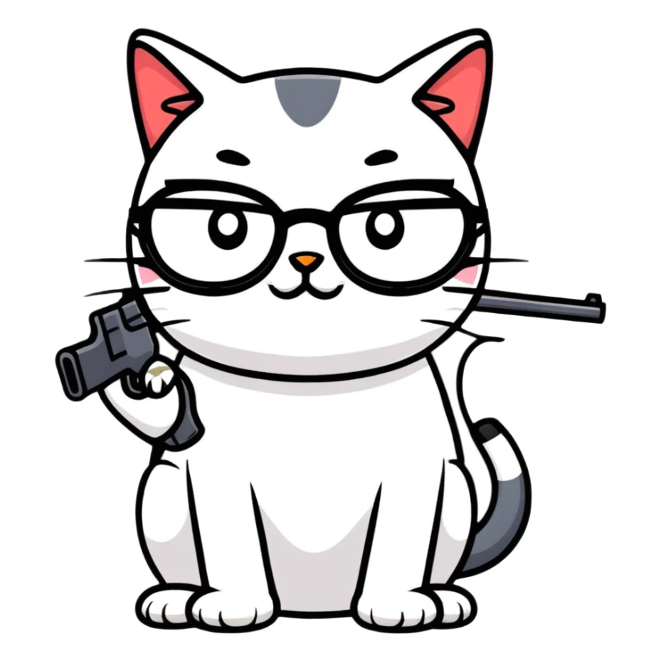 A cat with glasses and a gun sticker