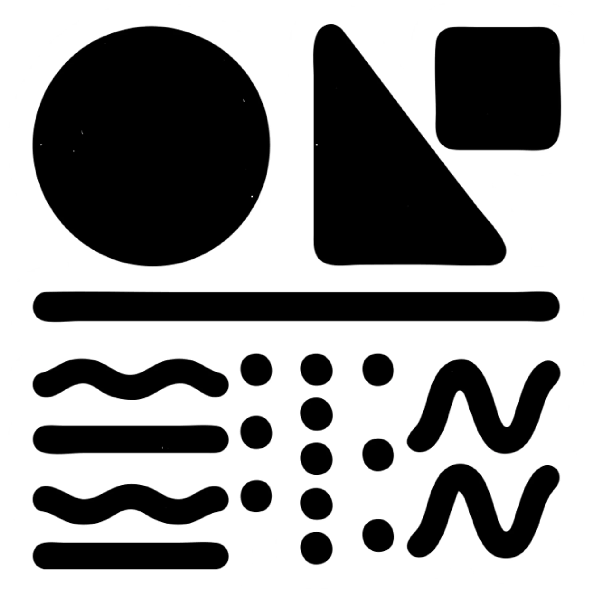 abstract minimalist solid icon of geometric shapes below a horizontal line, with abstract data streams of lines, dots, or waves, worn and distressed effect sticker