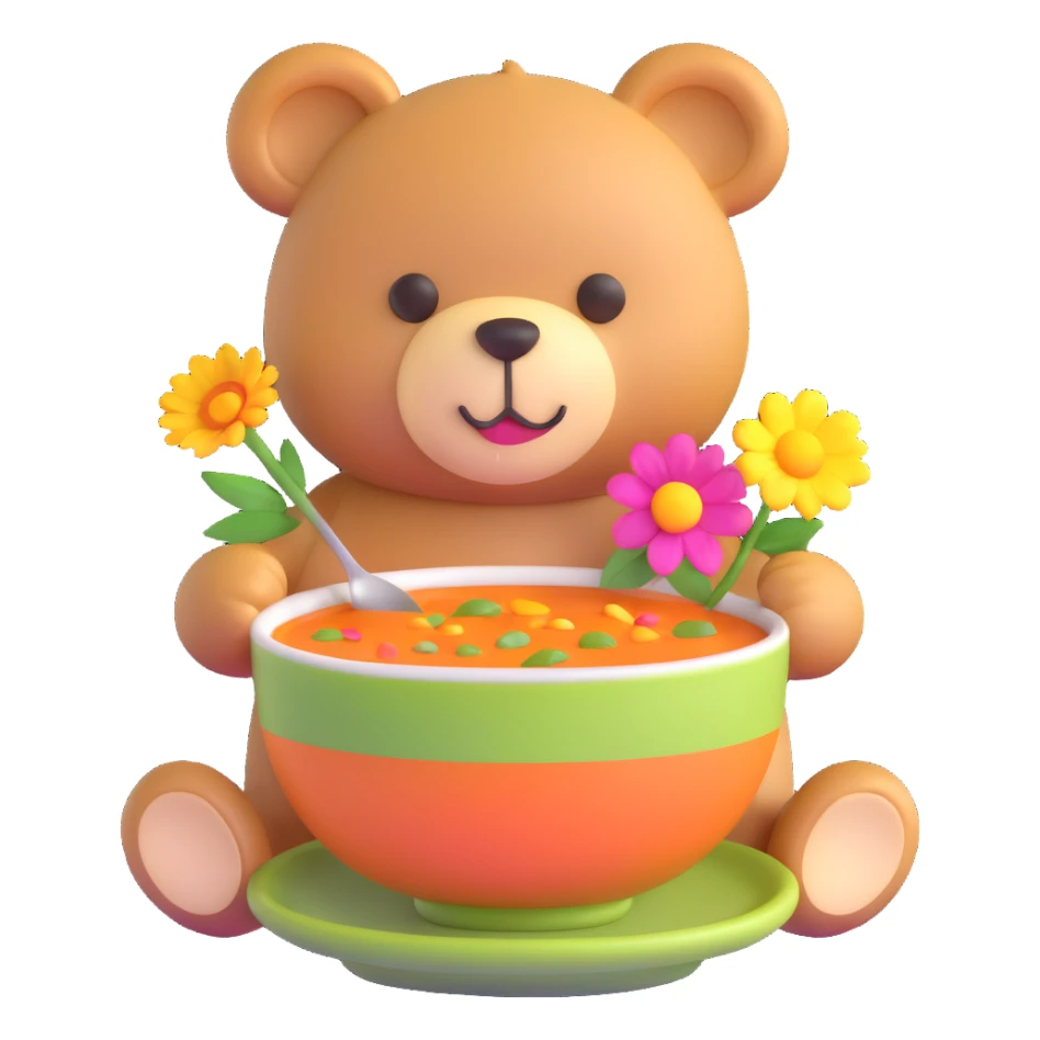 teddy bear with soup and flower sticker
