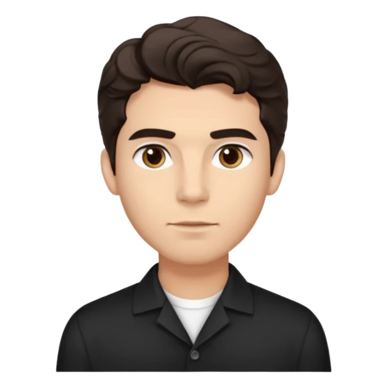 He’s a man with light to medium skin, a defined oval face, full brows, deep-set eyes, and wavy short dark brown tall hair styled with height, sides are trimmed. expression calm and focused relaxed black open-collar .polished, articulate, and coach vibe. sticker