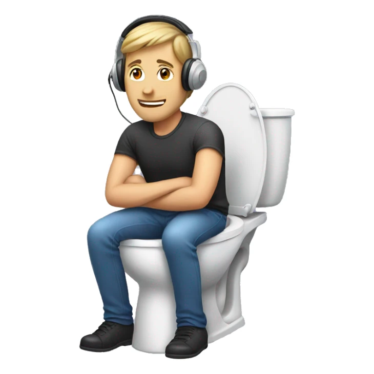 Man sitting on toilet wearing headset sticker