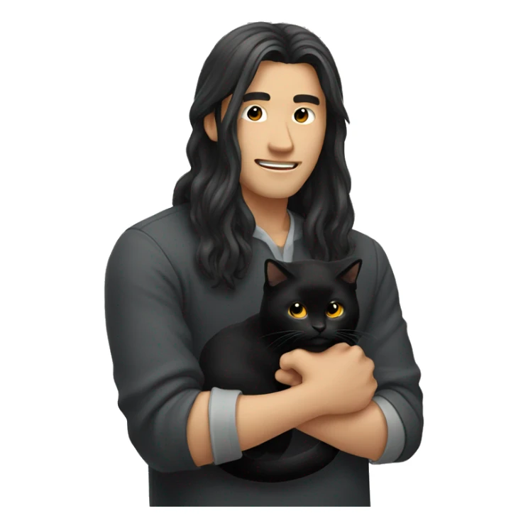 Long haired Asian man holding black cat sticker