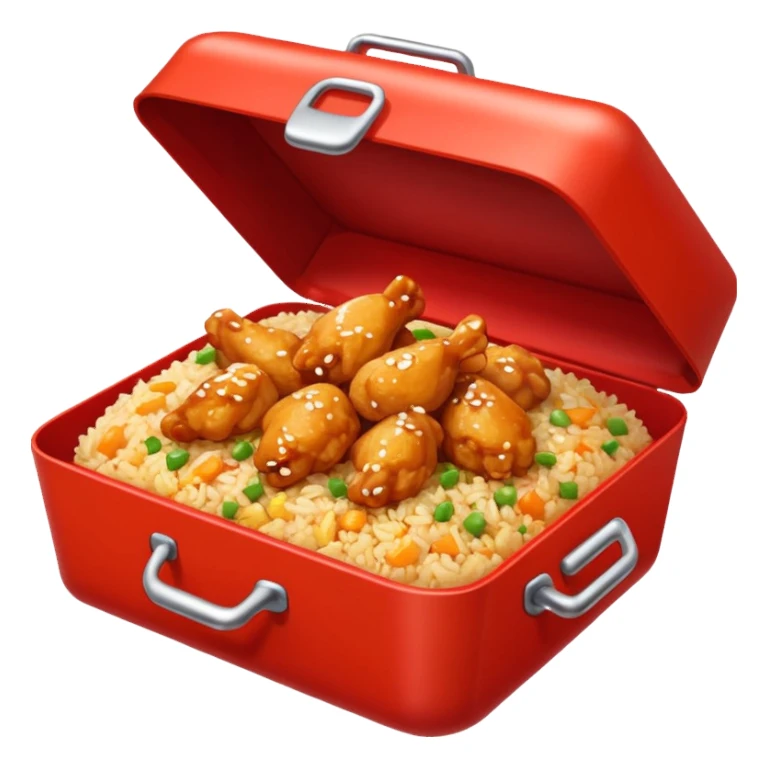 Orange chicken and fried rice in a red box sticker