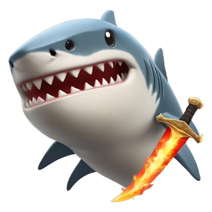 A shark wielding a sword with a fiery backdrop sticker