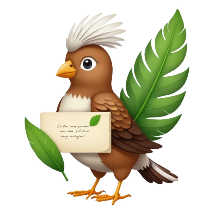A hyper realistic bird carrying a leaf with a note on it sticker
