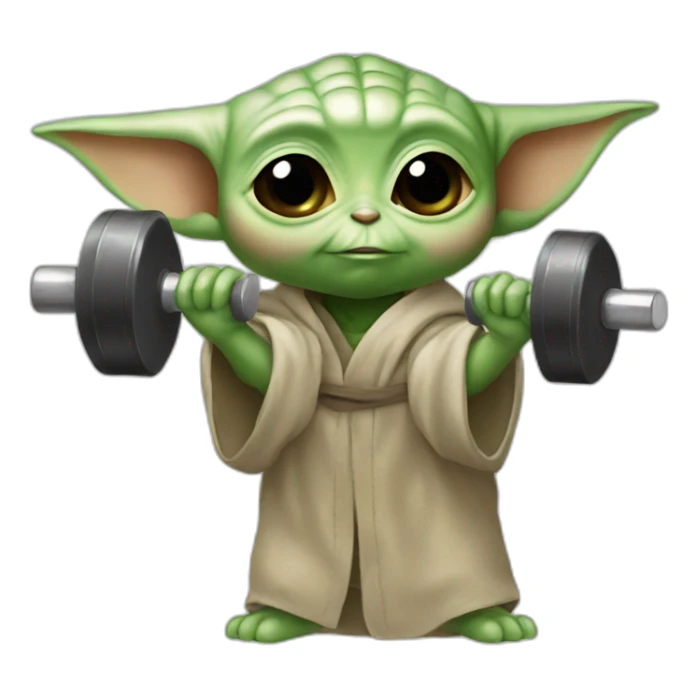 Baby yoda holding a dumbbell sticker