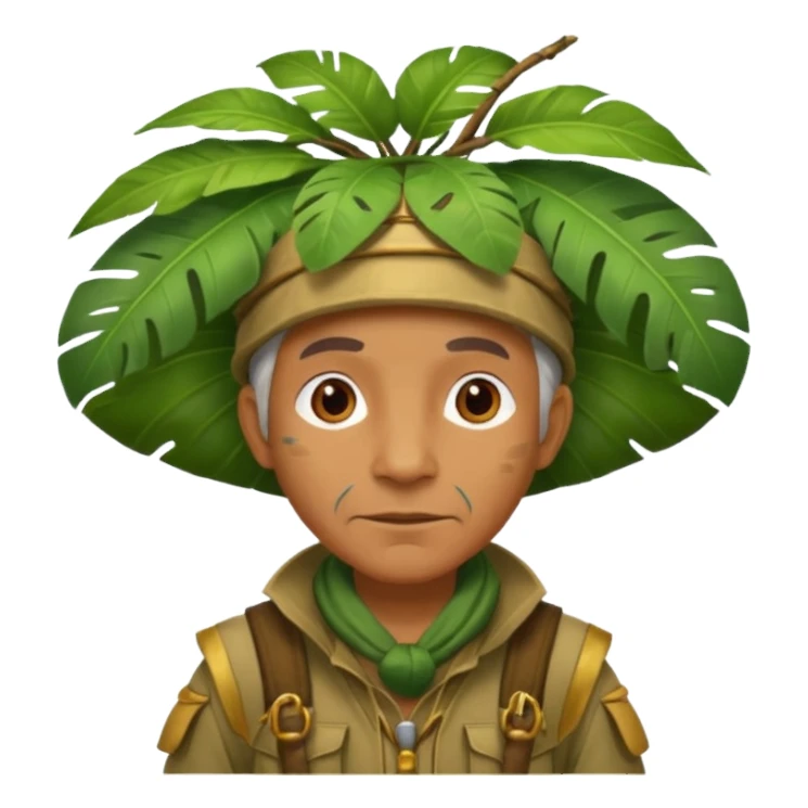 a old explorer with jungle wearing a large leaf headgear bye  sticker