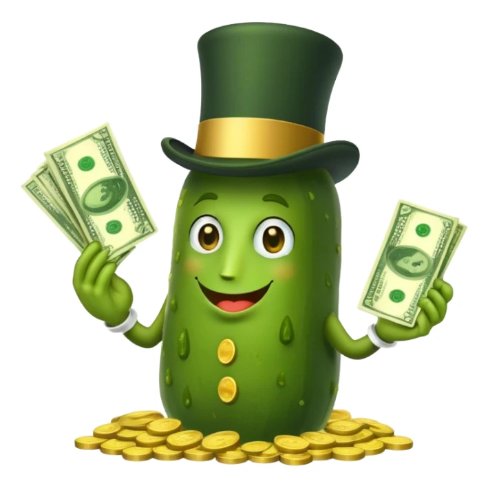 Pickle with a top hat and money sticker