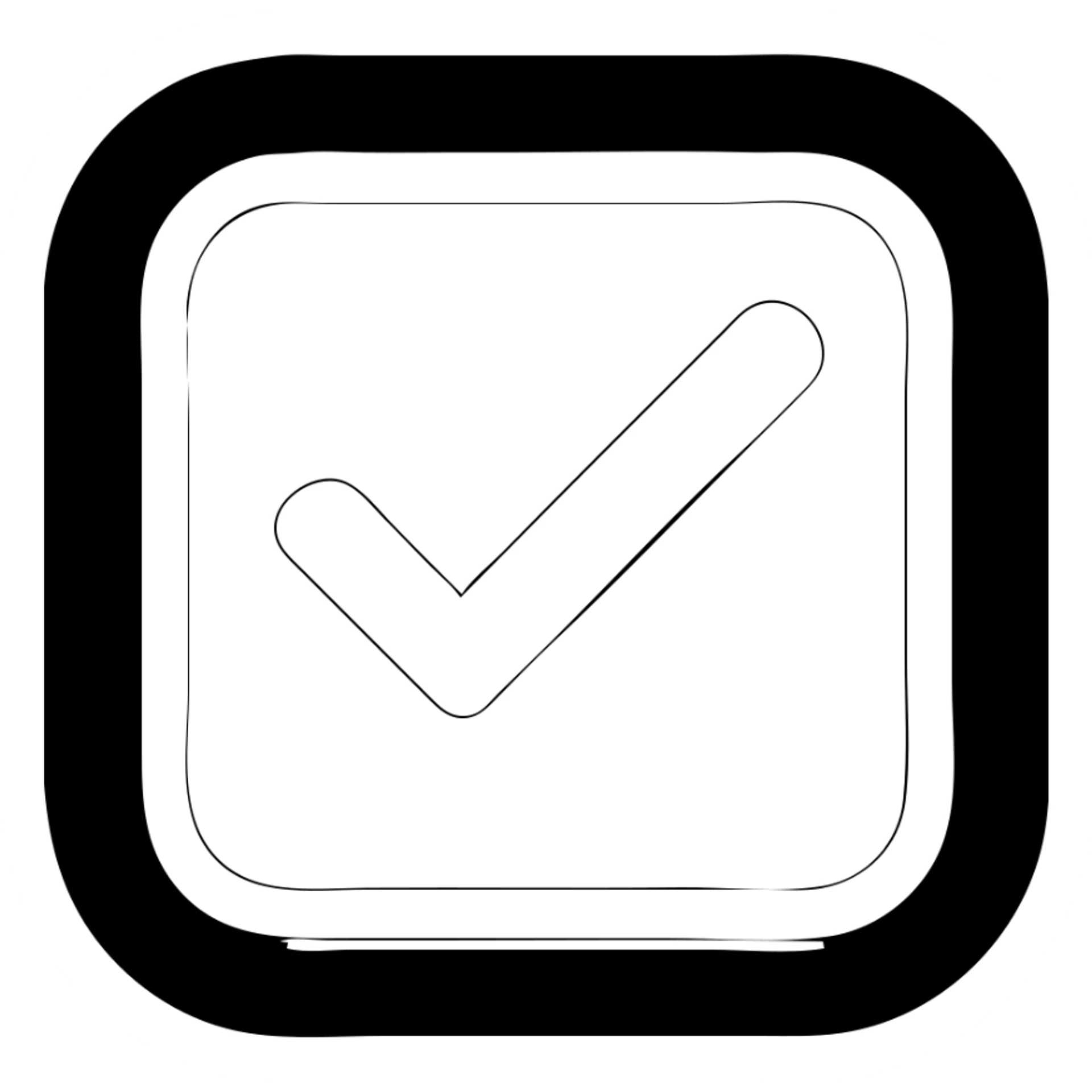 Edit the rounded square checkbox icon with a solid black fill. Make the white outline much thicker and the white check mark inside much thicker and bold. Keep the style and contrast matching the previous version for high visibility. Ensure no transparency except outside the icon. sticker