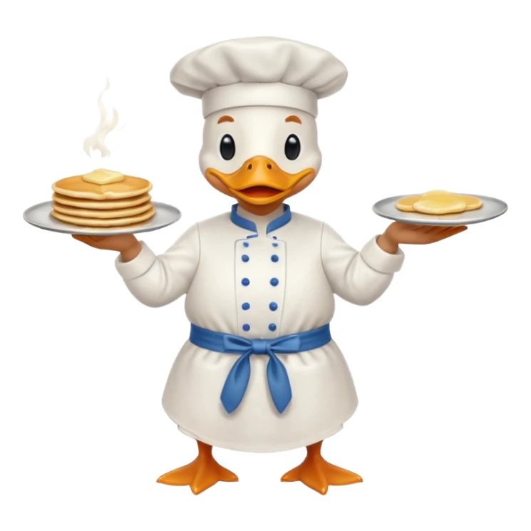 A chef duck wearing a tiny apron, flipping pancakes confidently. sticker
