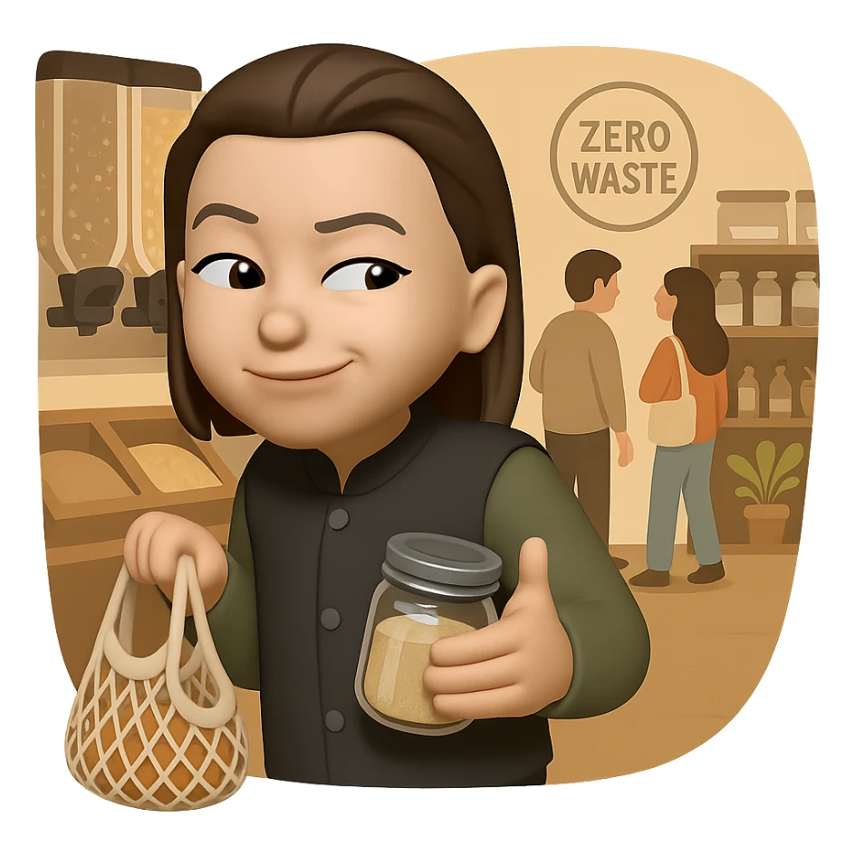 Make the background transparent. The character is shopping in a zero waste store, holding a reusable bag and a glass jar, with a sneaky or curious expression spying on other customers. Keep the same style as the original image. sticker