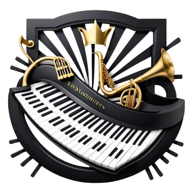 Create an elegant and festive emoji collage representing keyboard instruments, styled like a heraldic emblem. The design should feature a central focal point of black and white piano keys, arranged in a semi-circular or shield-like shape. Around the piano keys, add intertwining musical notes that form flowing ribbons, creating a dynamic and celebratory atmosphere. The design should be professional, with polished silver and gold accents on the keys and notes, highlighting the luxury and sophistication of the instruments. Add subtle shading and lighting effects to give the design a refined, 3D appearance. The background should remain transparent, and the overall feel should evoke grandeur, artistry, and a sense of celebration. sticker