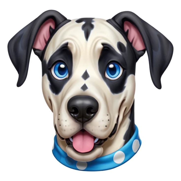 Cinematic Comical Harlequin Great Dane Portrait Emoji, Head tilted dramatically with an exaggeratedly shocked or amused expression, featuring a striking coat of predominantly white with vivid black patches, wide, expressive blue eyes filled with playful disbelief, Simplified yet hilariously expressive features, highly detailed, glowing with a slightly sassy glow, high shine, dramatic yet playful, stylized with an air of cheeky charm, bright and endearing, soft glowing outline, capturing the essence of a spirited and over-the-top guardian, so meme-worthy it feels like it could side-eye its way into internet fame instantly! sticker