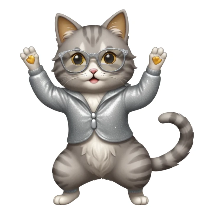 A cat with sparkly glasses dancing awkwardly on its hind legs.


















 sticker