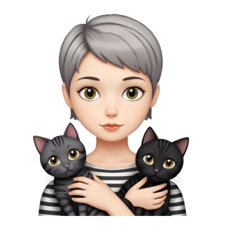 Girl with short pixie cut holding three cats, one black cat, one grey cat, and one grey-striped cat sticker