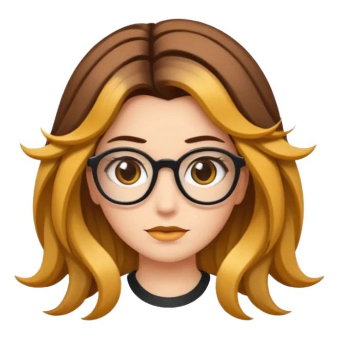 Uma garota de cabelos cacheados com mechas loiras, com pele morena clara e óculos sticker