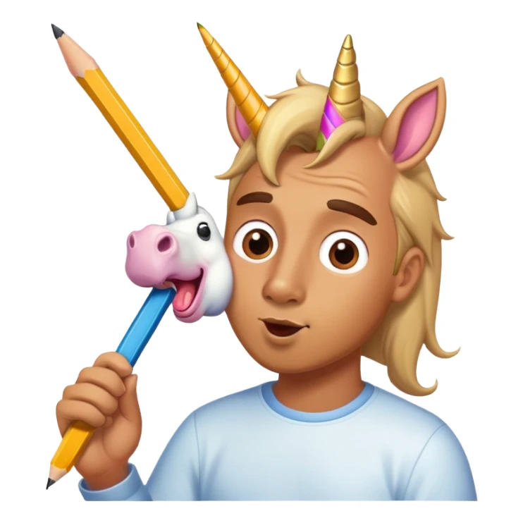 A men licking a pencil that a unicorn  sticker