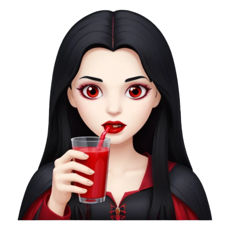 vampire using a juice box, long hair, red juice sticker