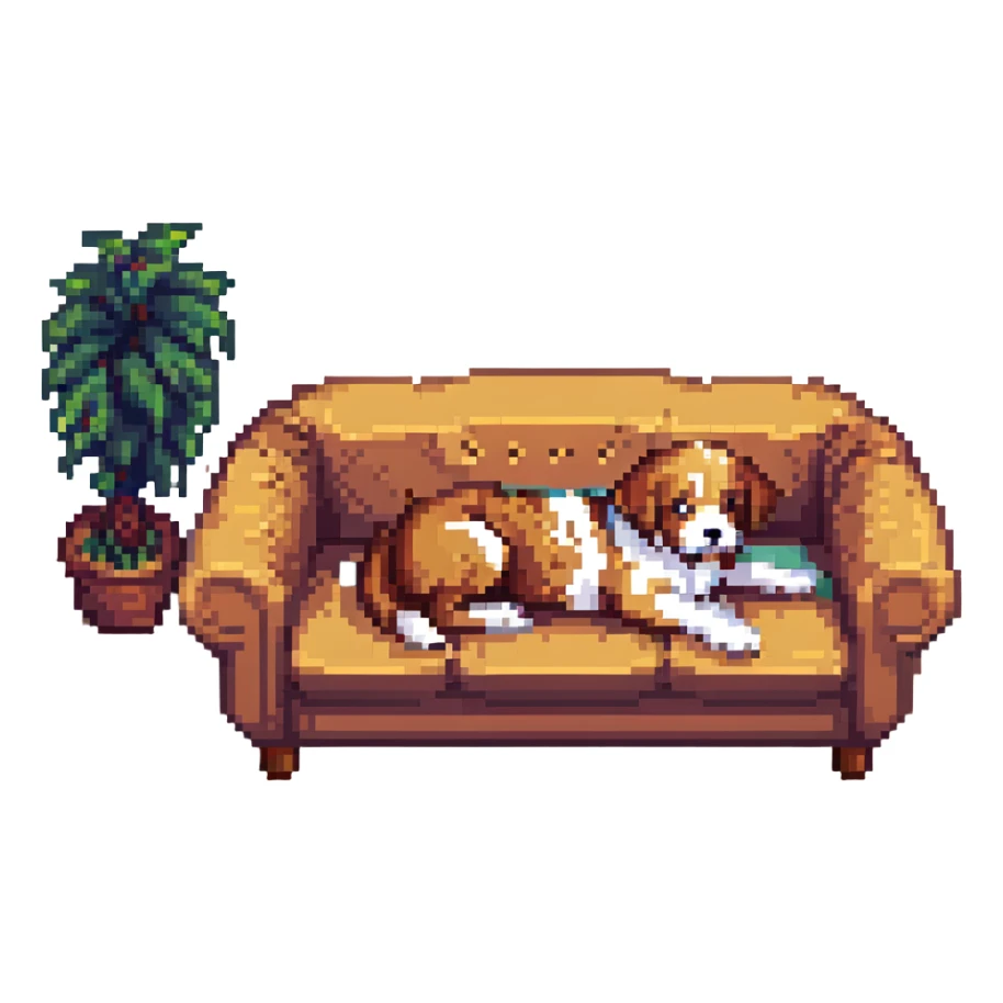 a dog sitting on a couch, pixel art style sticker