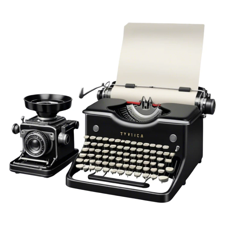 Create an emoji representing screenwriting. The design should feature an open script with visible dialogue and action lines, symbolizing the writing of a screenplay. Include a classic typewriter or a modern writing device, such as a laptop, to signify the process of creating a script. Add a vintage film camera next to the script to emphasize the cinematic aspect of screenwriting. Use a professional color palette with black, white, and subtle metallic tones. Do not include any emojis or smiley faces. Make the background transparent. sticker
