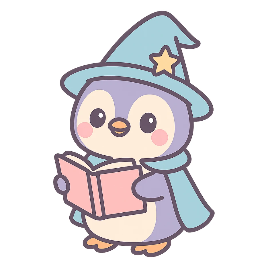 cute penguin dressed as a wizard holding an open spellbook sticker